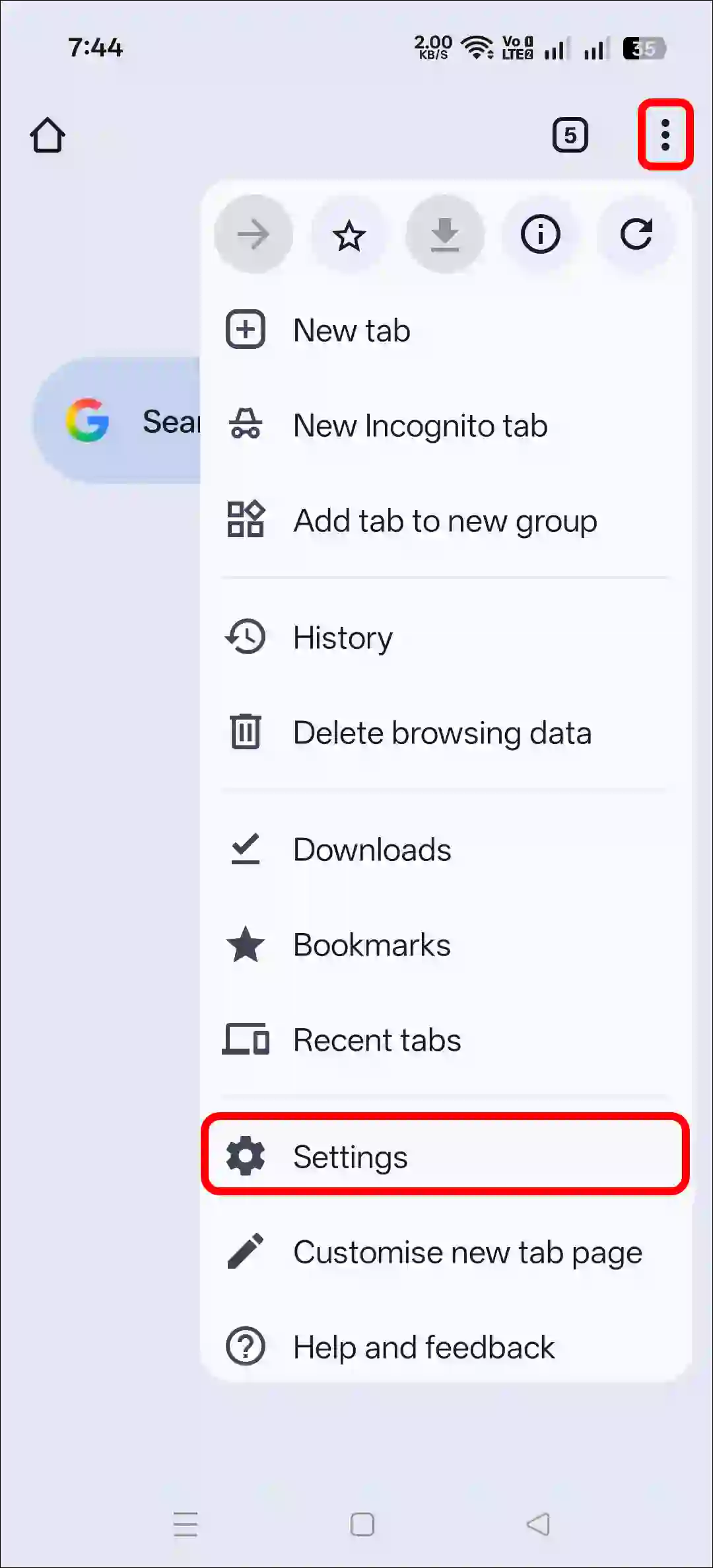 chrome mobile three dots settings