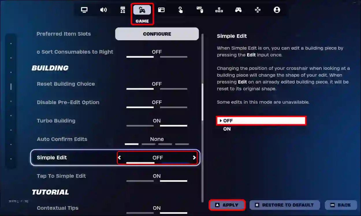 disable simple edit in fortnite
