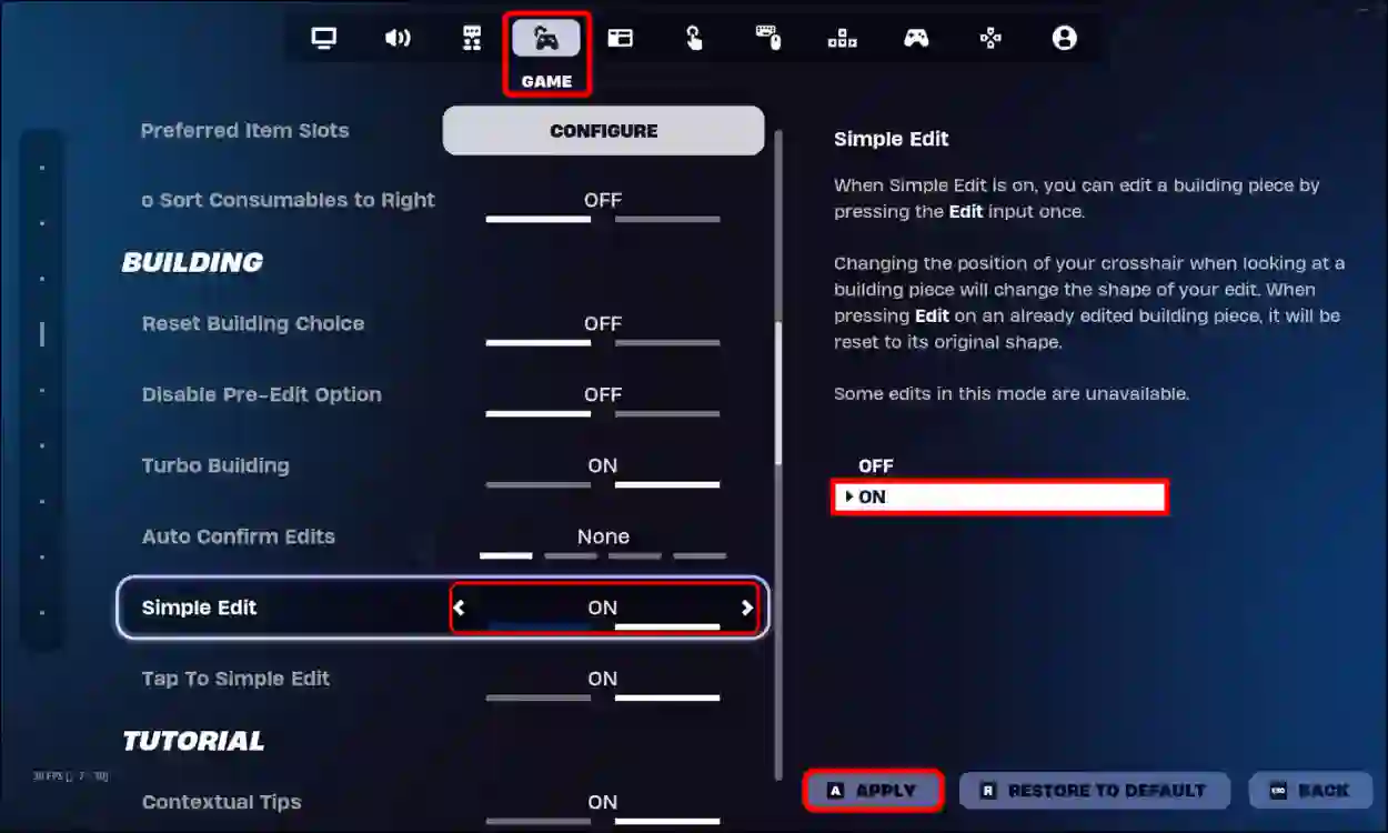 enable simple edit in fortnite