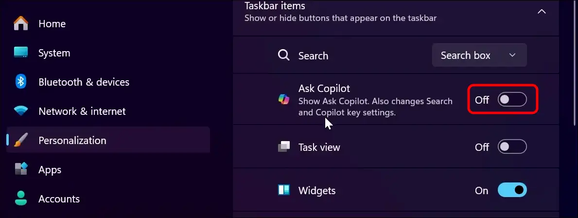 Remove or hide Ask Copilot on the Windows 11 taskbar