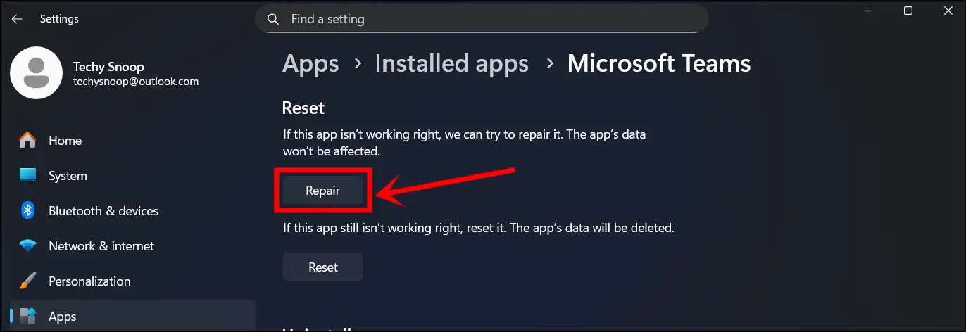 repair microsoft teams windows 11