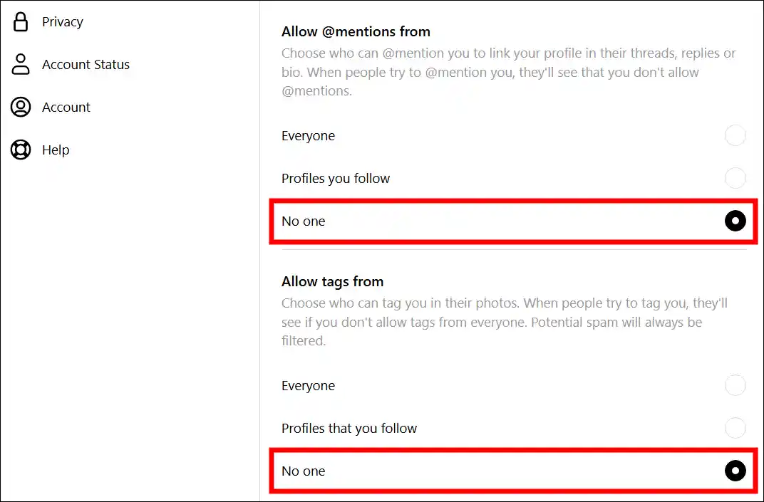 threads web tags and mentions settings