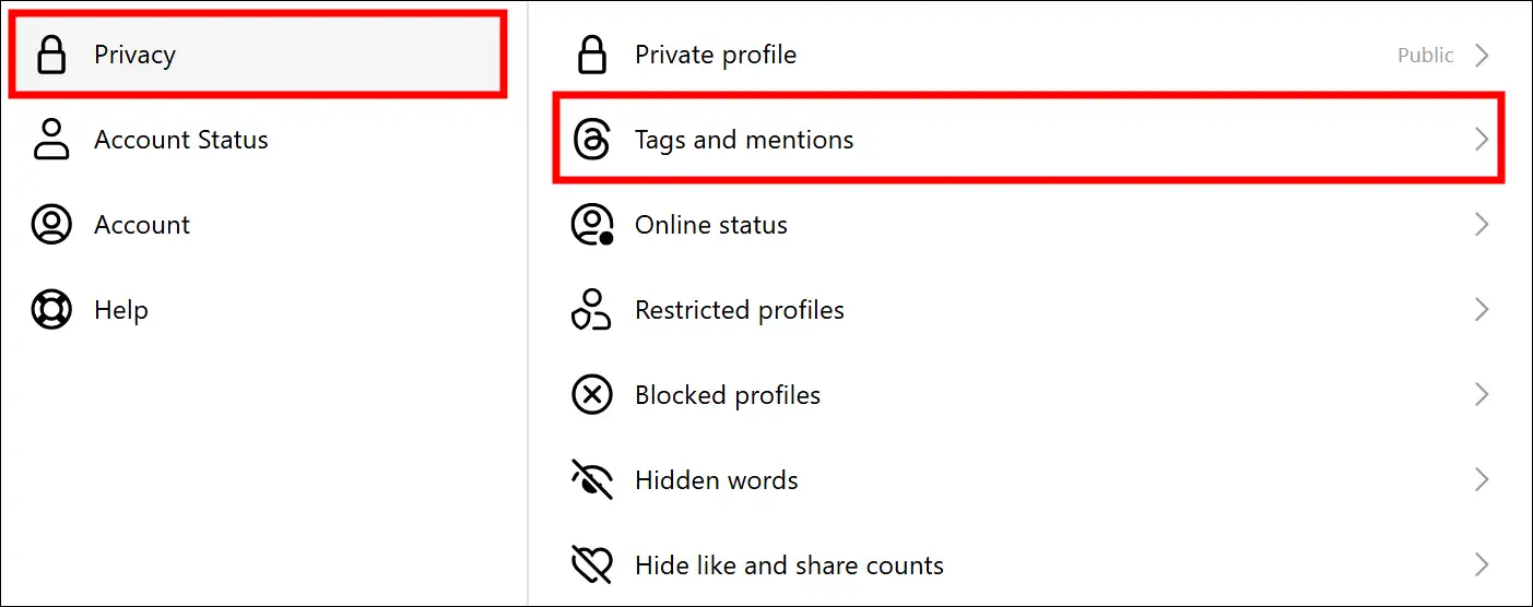 threads web tags and mentions settings