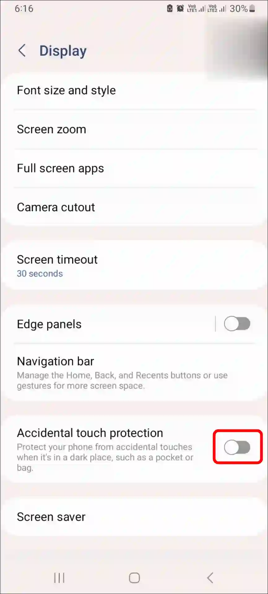 turn off accidental touch protection on samsung