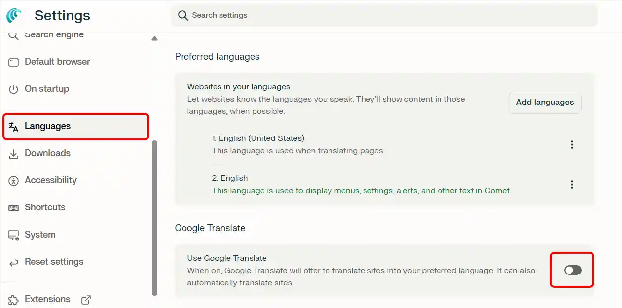 Disable automatic site translations in Perplexity AI's Comet browser