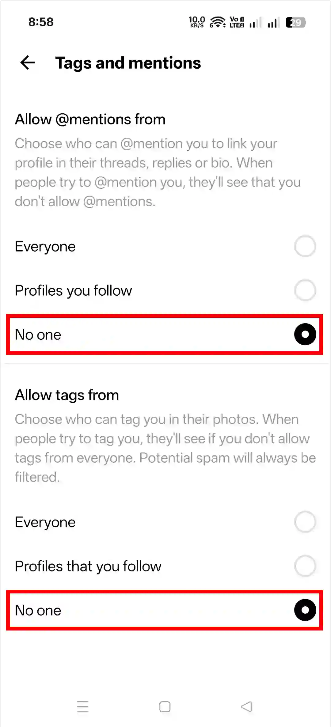 Turn off tags and mentions on the threads app