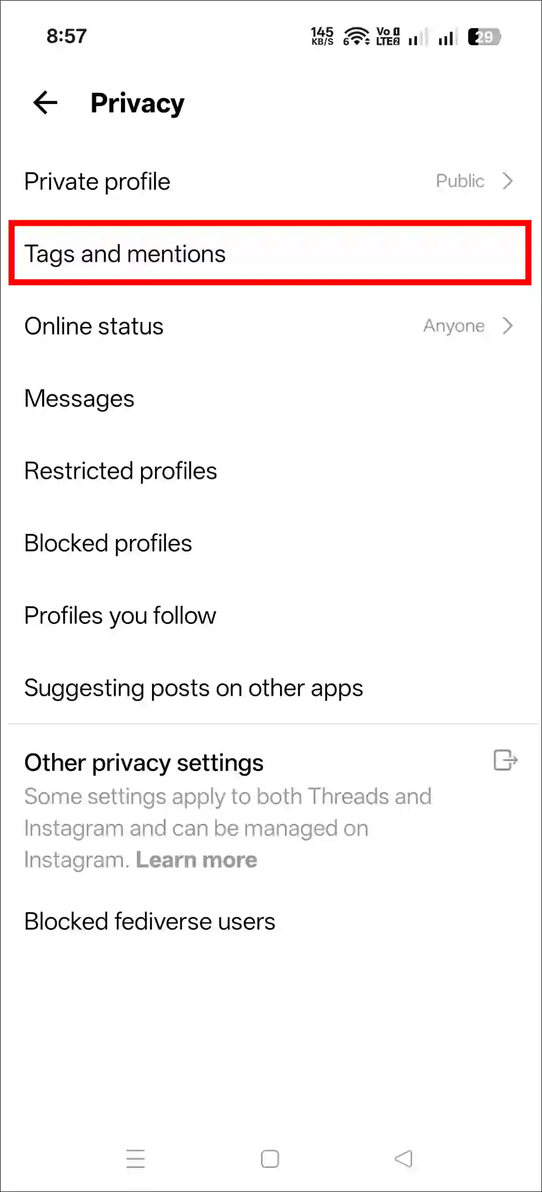 Turn off tags and mentions on the threads app