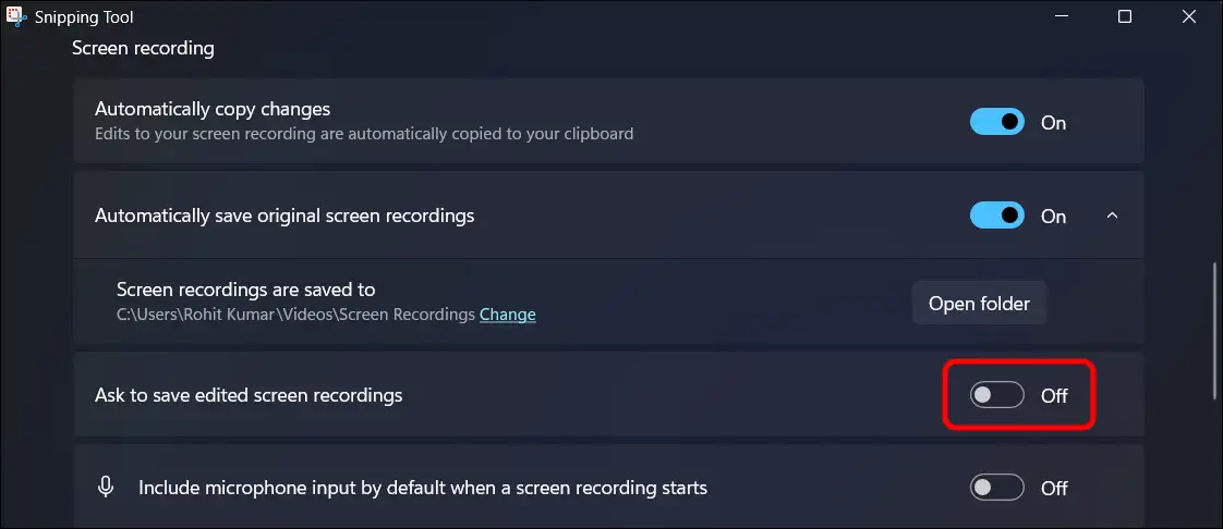 turn on or off ask to save edited screen recordings for snipping tool in windows 11