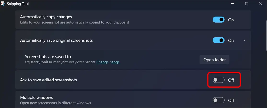 turn on or off ask to save edited screenshots for snipping tool in windows 11