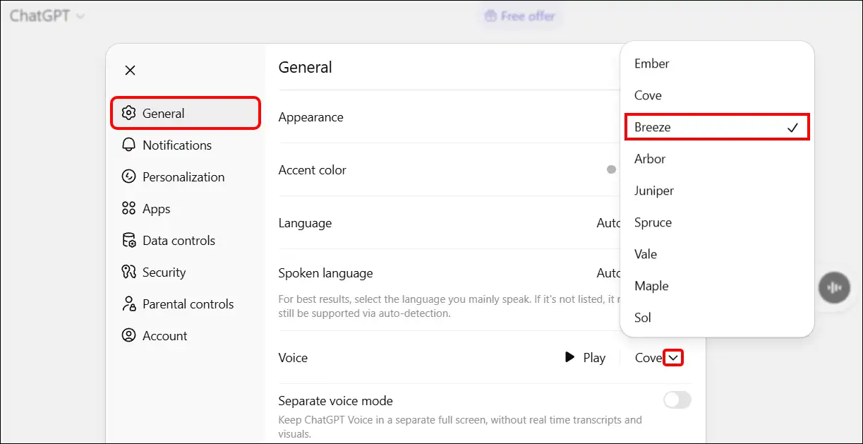 Change chatgpt's live voice accent on pc