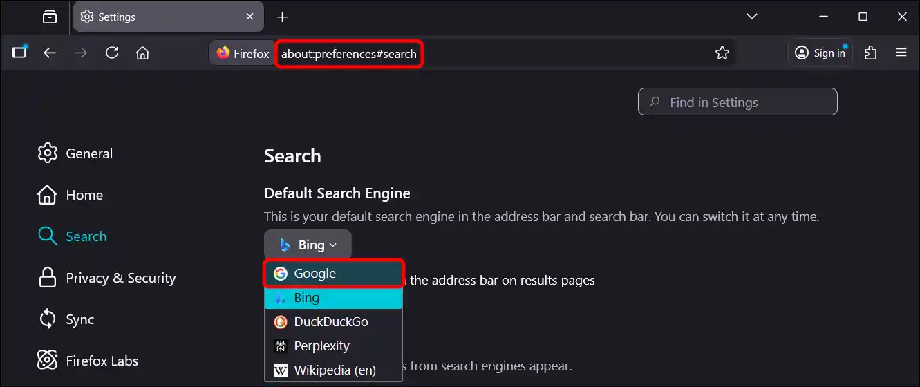 Change the default search engine from Bing to Google in Firefox