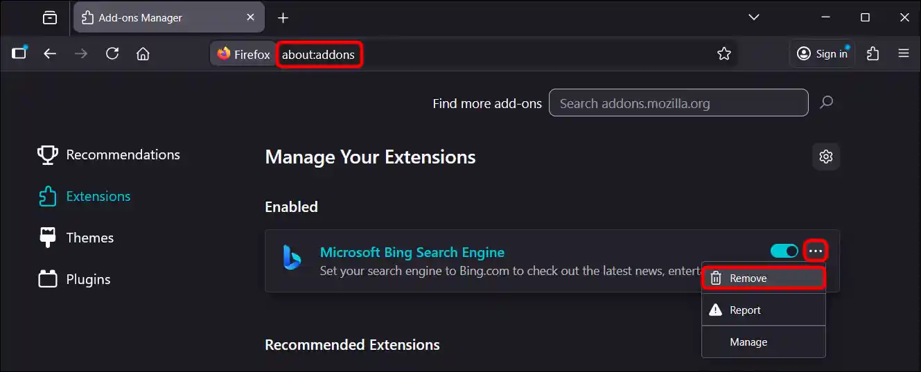 Remove the Bing add-on from Firefox