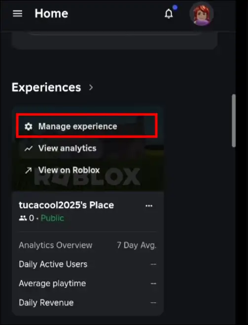 roblox mobile manage experiences
