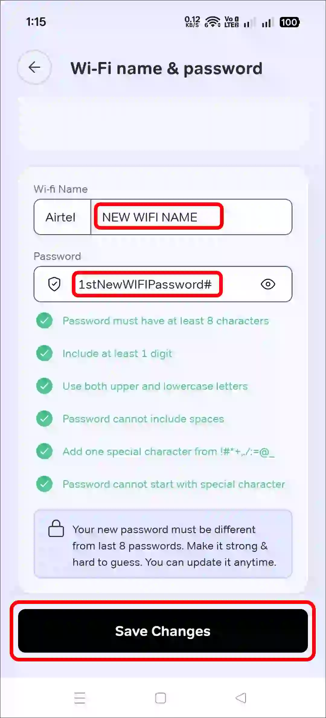 Set up a new wifi name and password for Airtel AirFiber