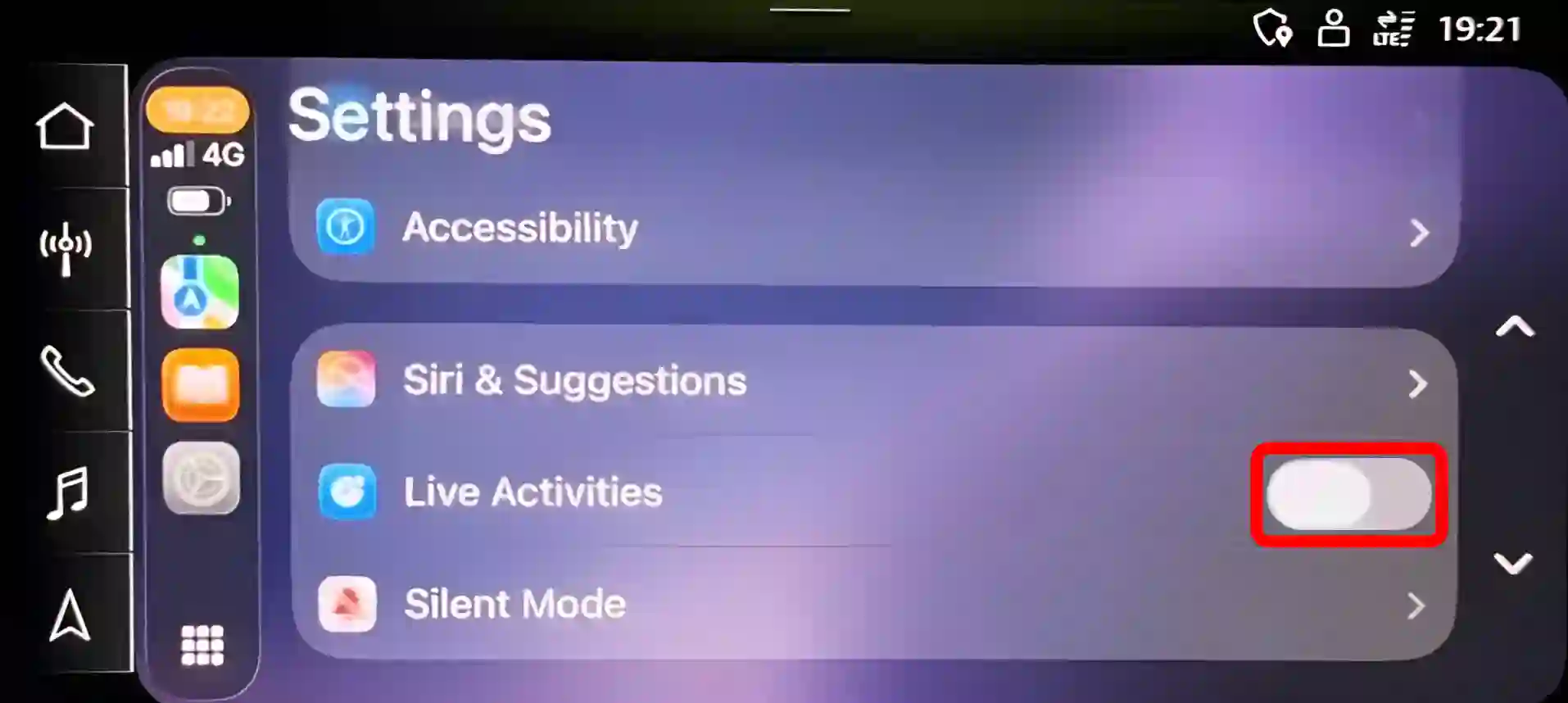 Turn off live activities on your carplay