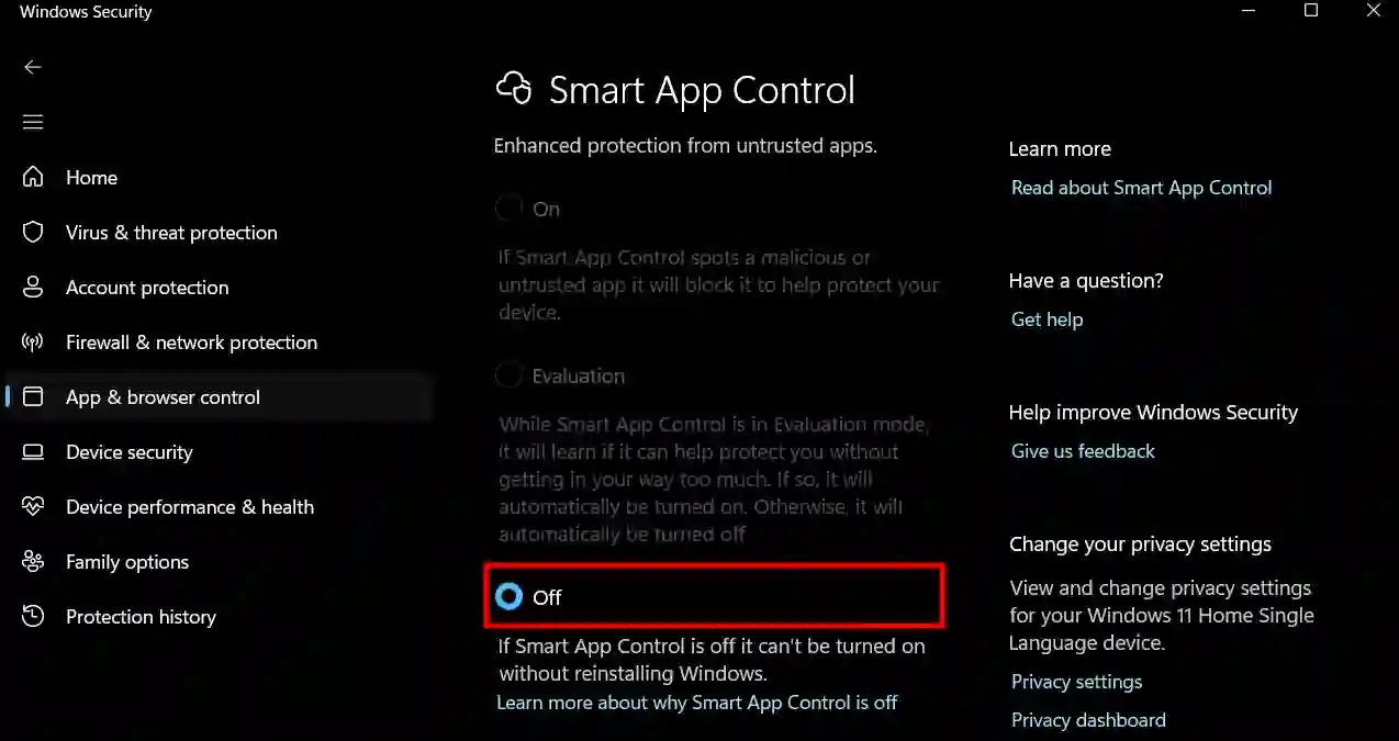 Turn off smart app control using Windows Security in Windows 11
