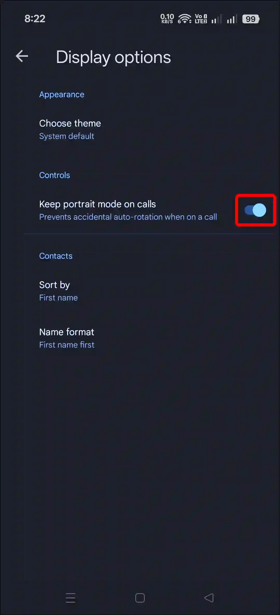 turn on keep portrait mode setting google phone