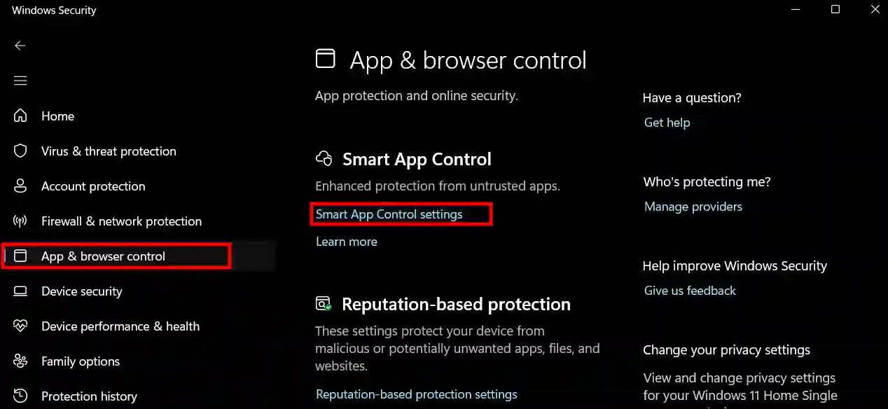 windows security smart app control settings