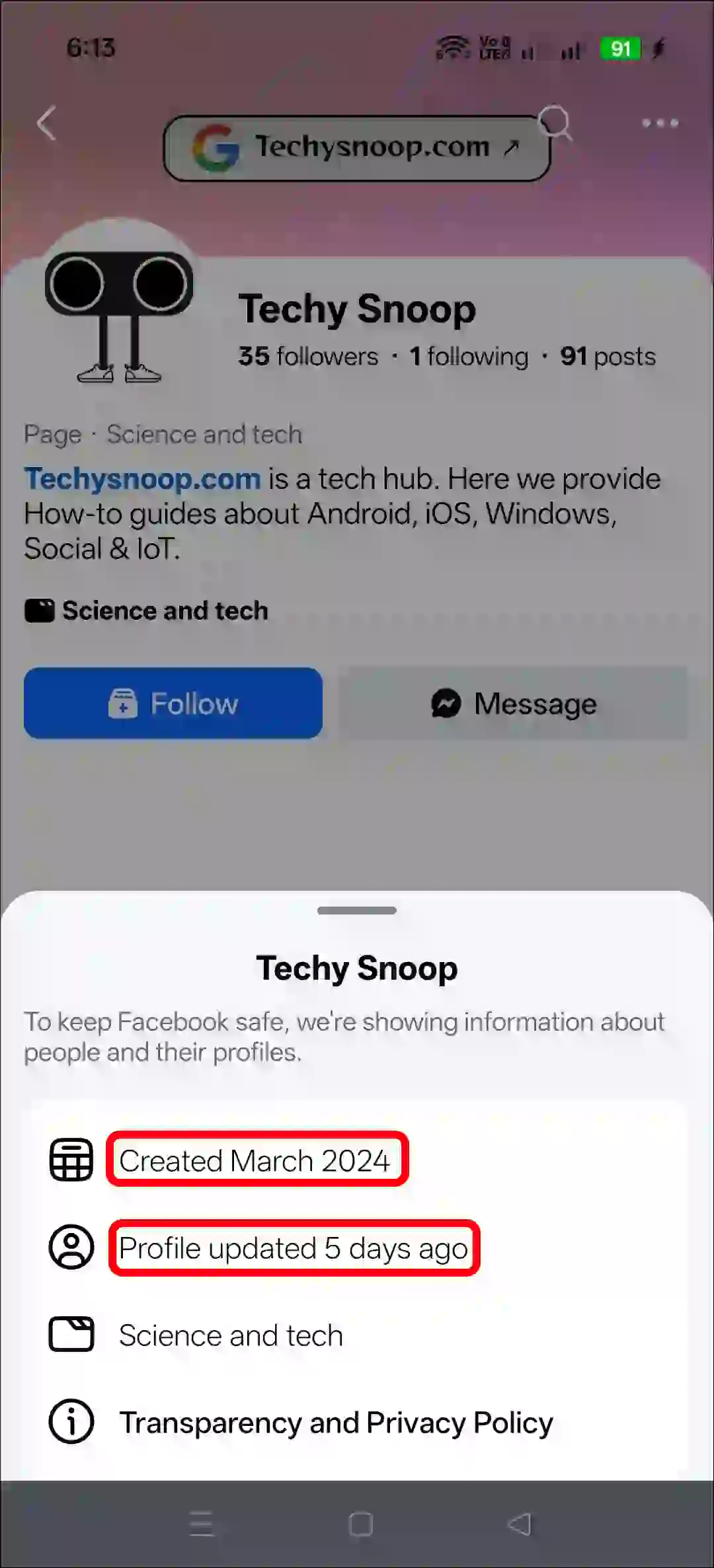 check when a facebook account was created on mobile