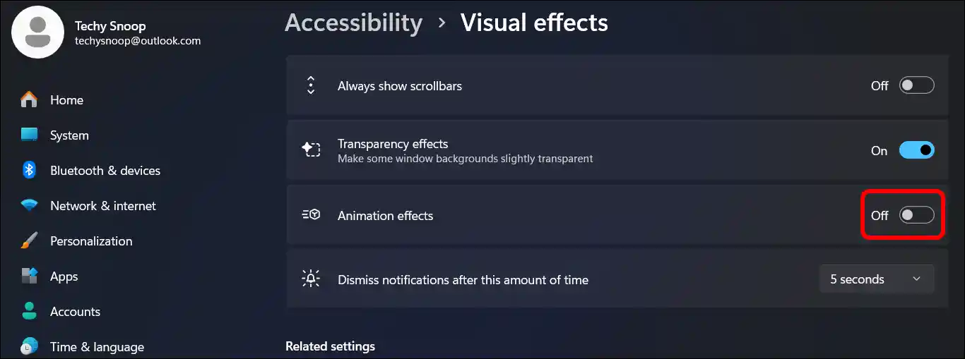 Disable animation effects on windows 11