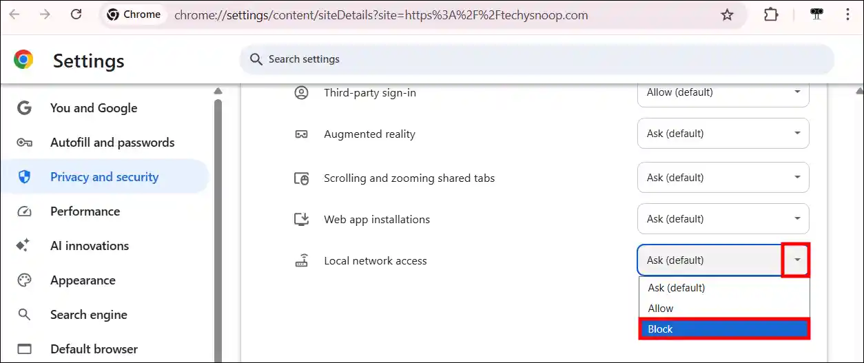 site local network access block chrome