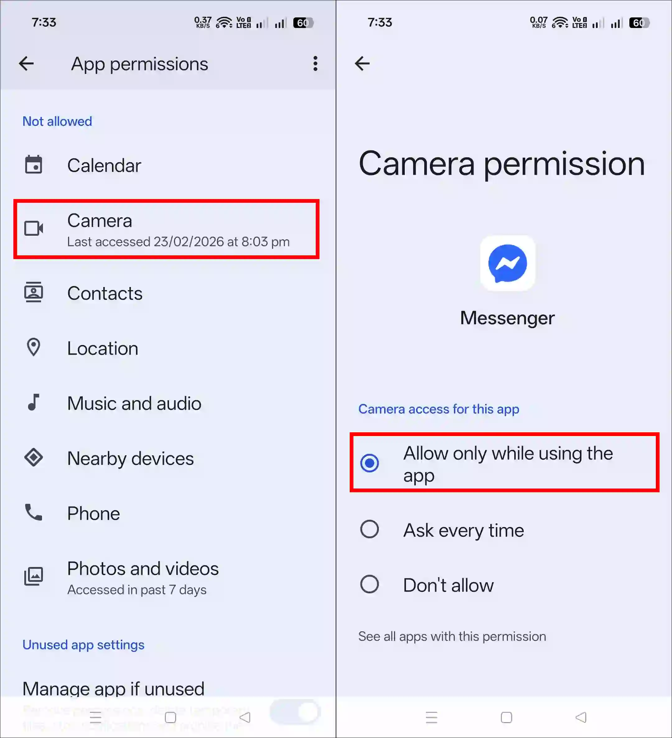 allow messenger camera access