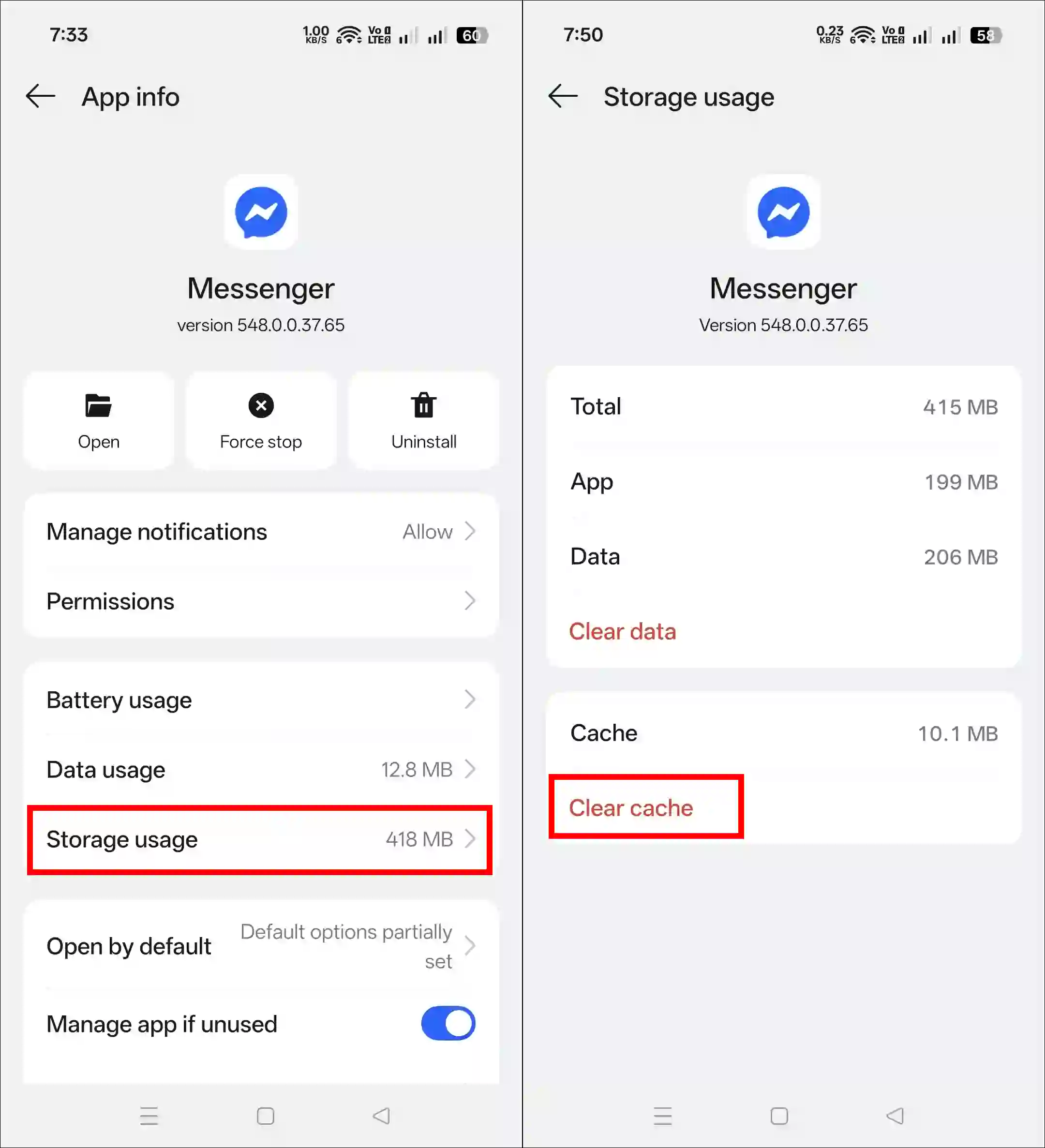 clear messenger app cache android