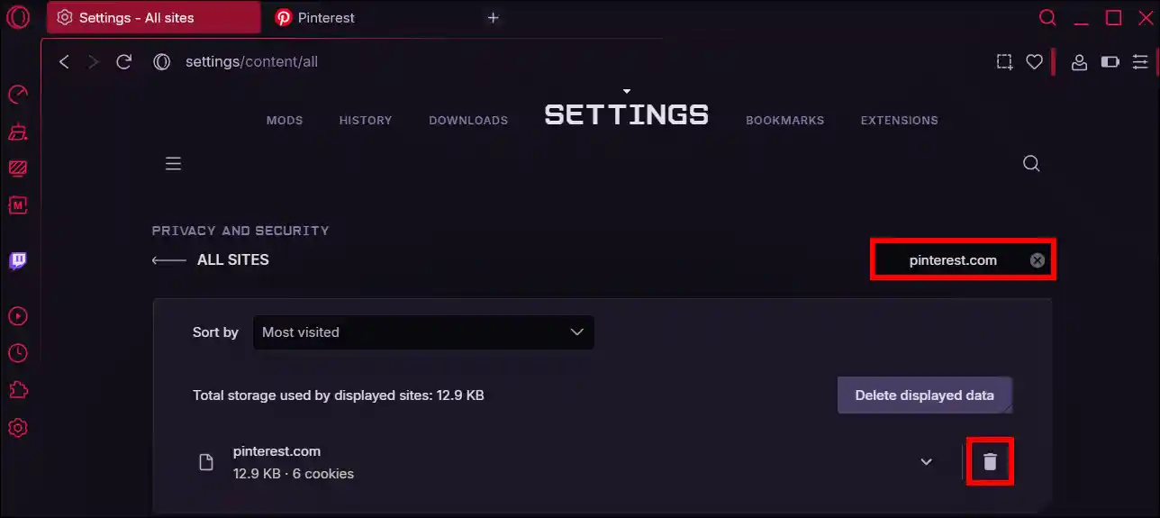 clear pinterest site data opera gx