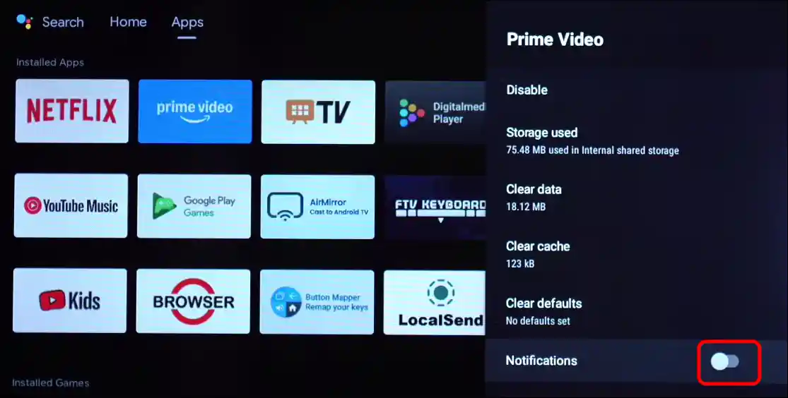 Disable amazon prime video notifications on a smart tv