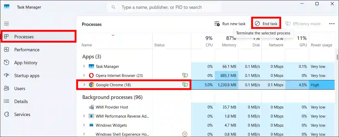 Force close chrome in windows 11