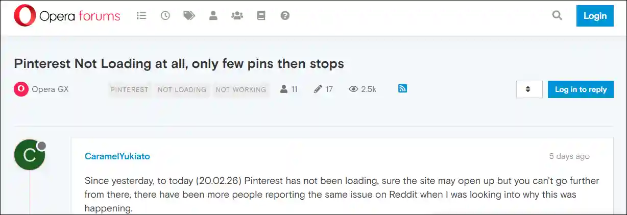 Pinterest Not Loading at all, only few pins then stops
