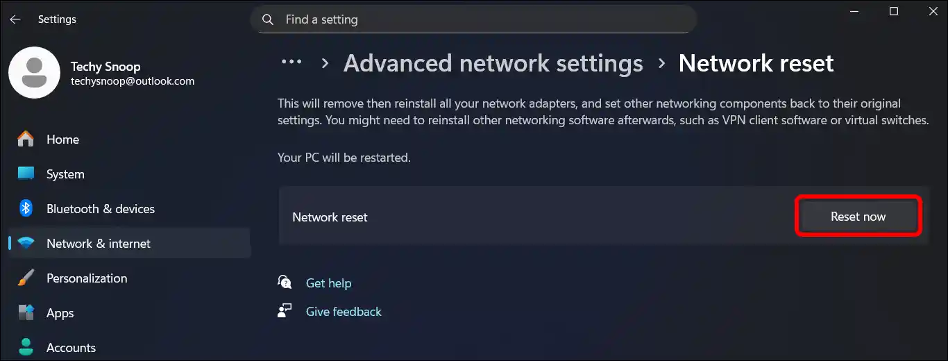 reset network settings windows 11