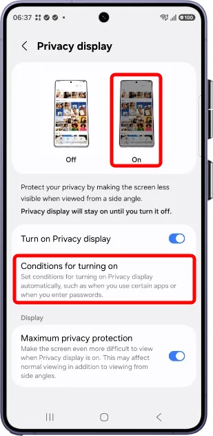 turn on privacy display only for certain apps