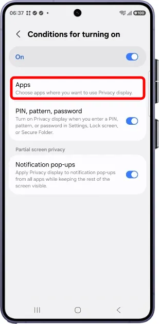 turn on privacy display only for certain apps