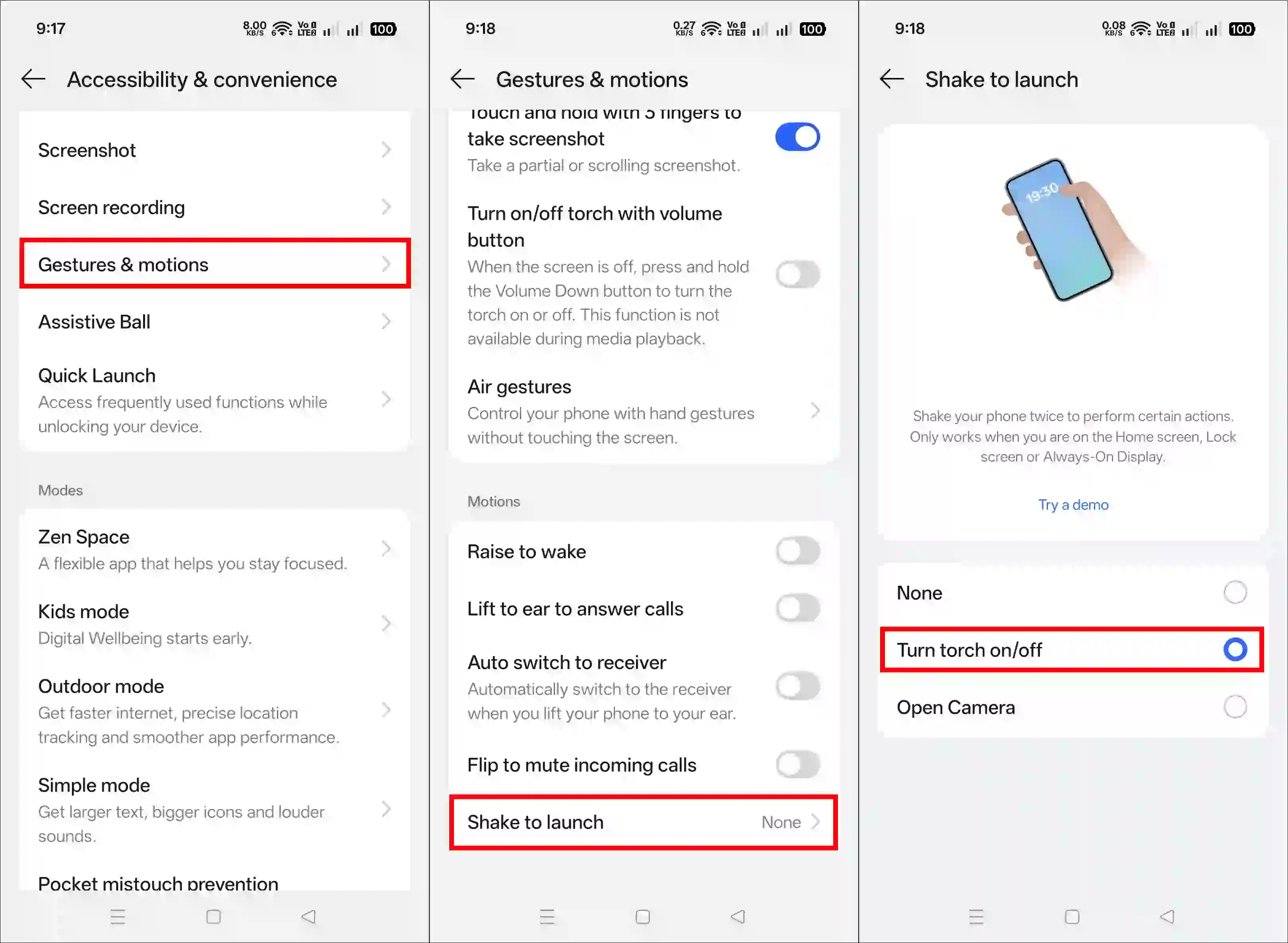 Turn on the shake flashlight on Oppo and Realme