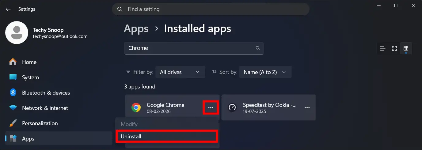 uninstall chrome from windows 11