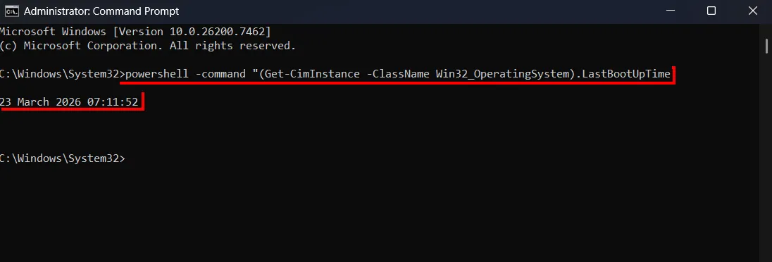 how to check last reboot time in windows using cmd