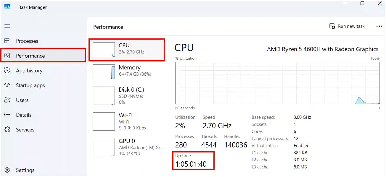 check system uptime windows 11 task manager