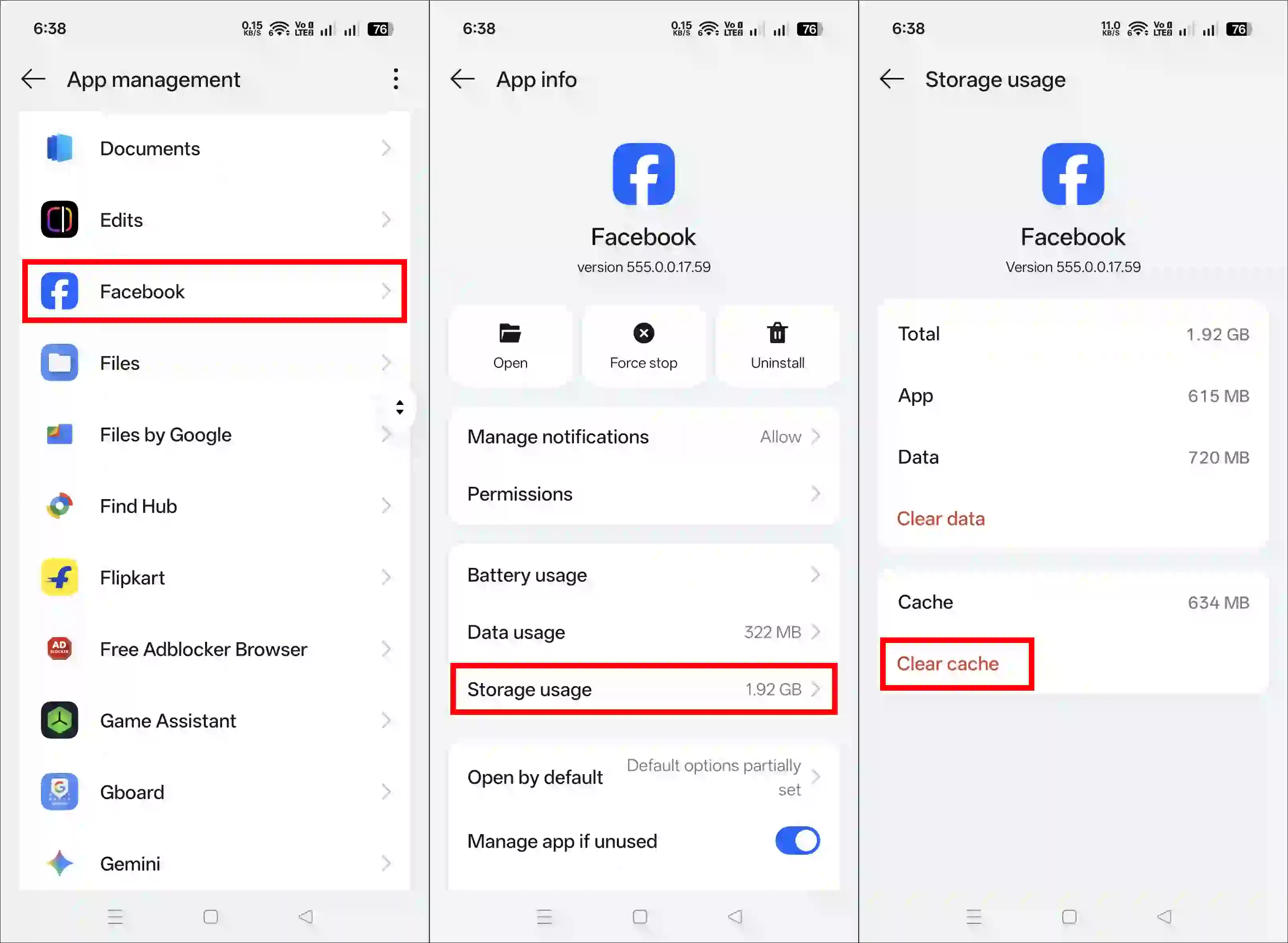 clear facebook app cache android