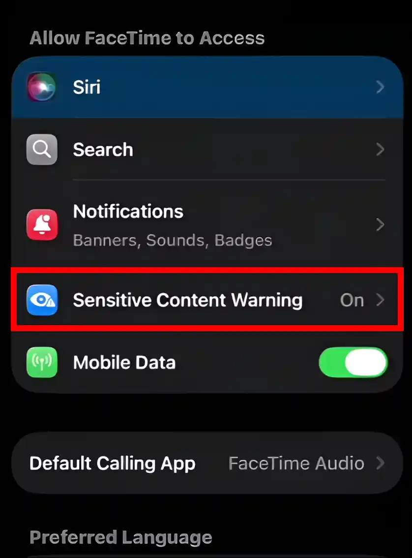 disable sensitive content warnings on facetime
