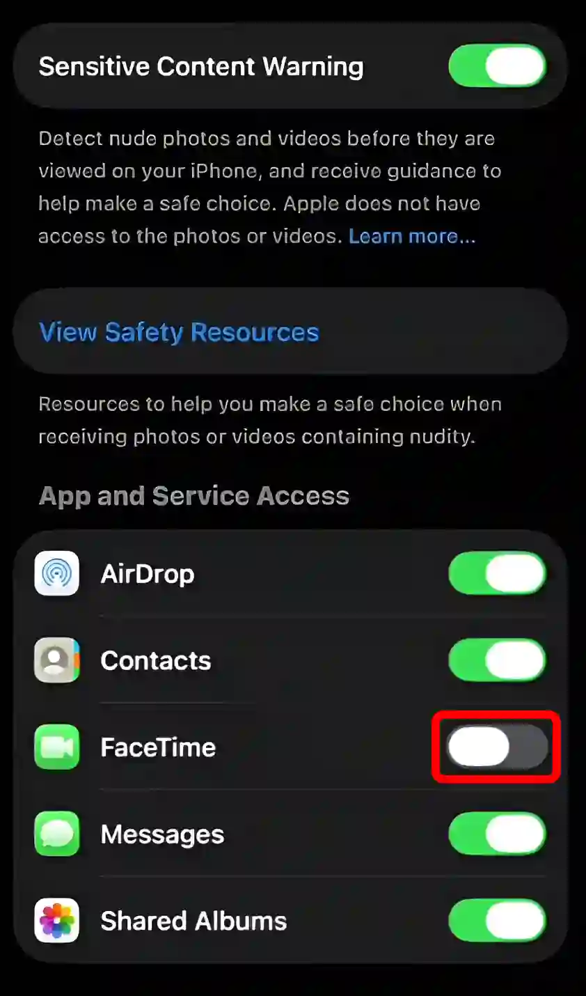 disable sensitive content warnings on facetime