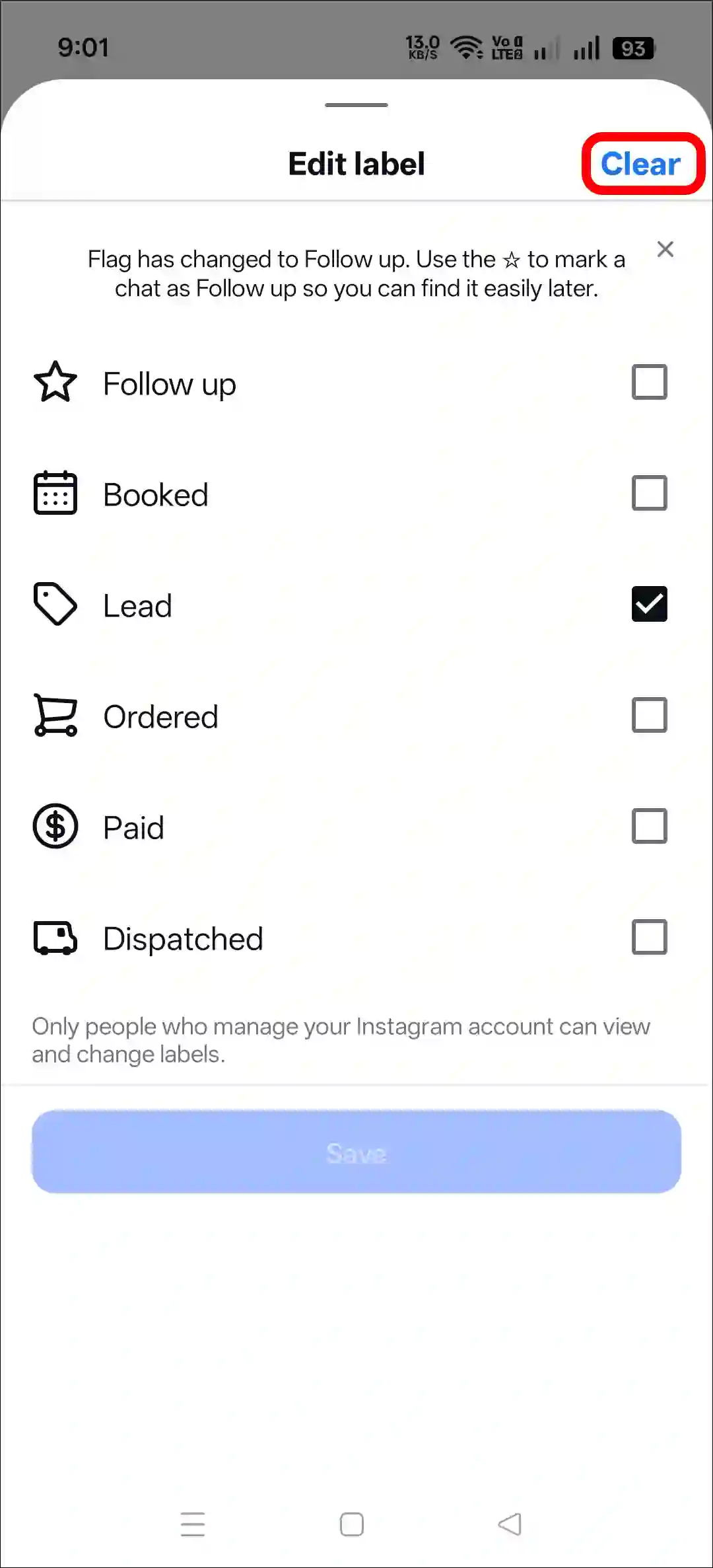 remove lead label from instagram chat