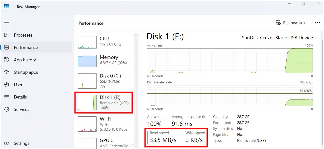 test usb drive speed on pc from task manager