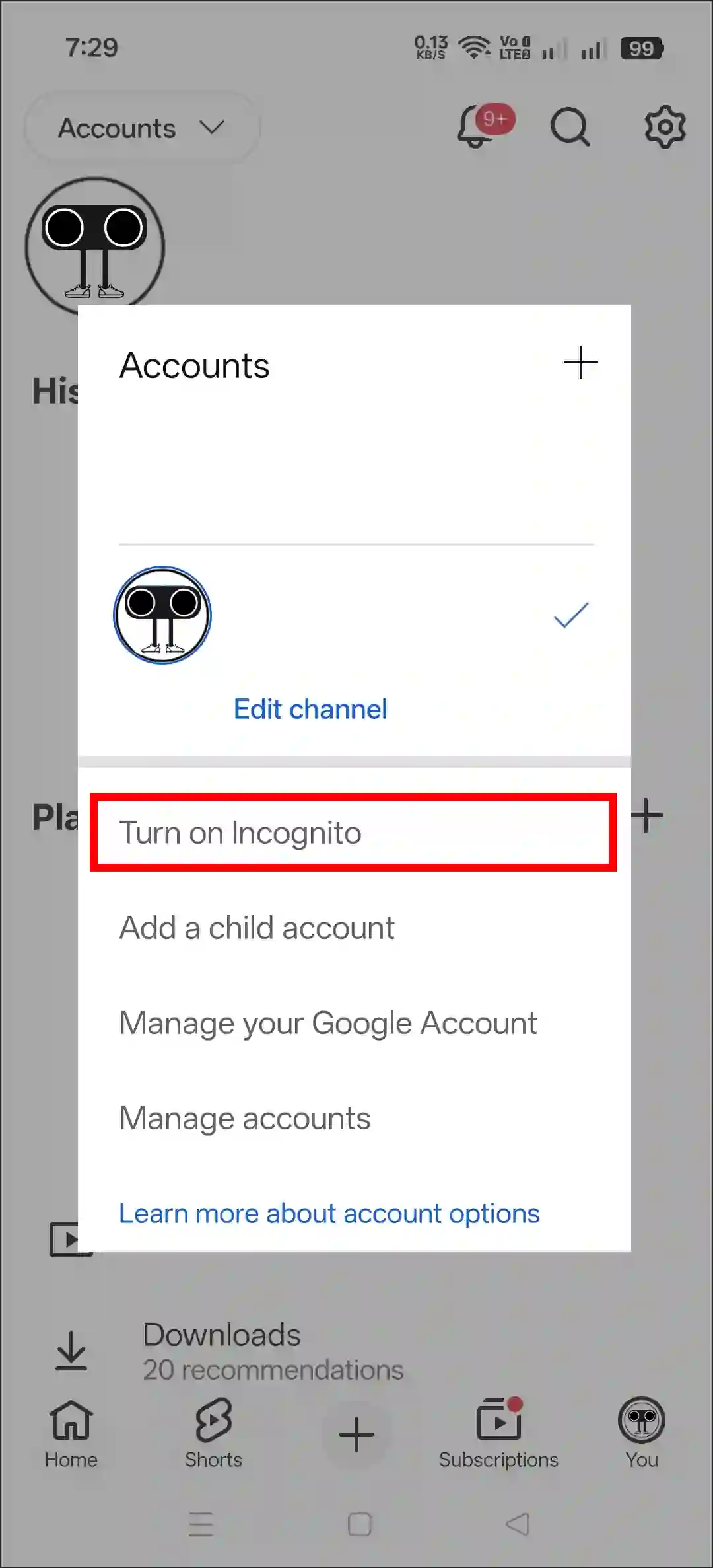 turn on off incognito mode youtube app