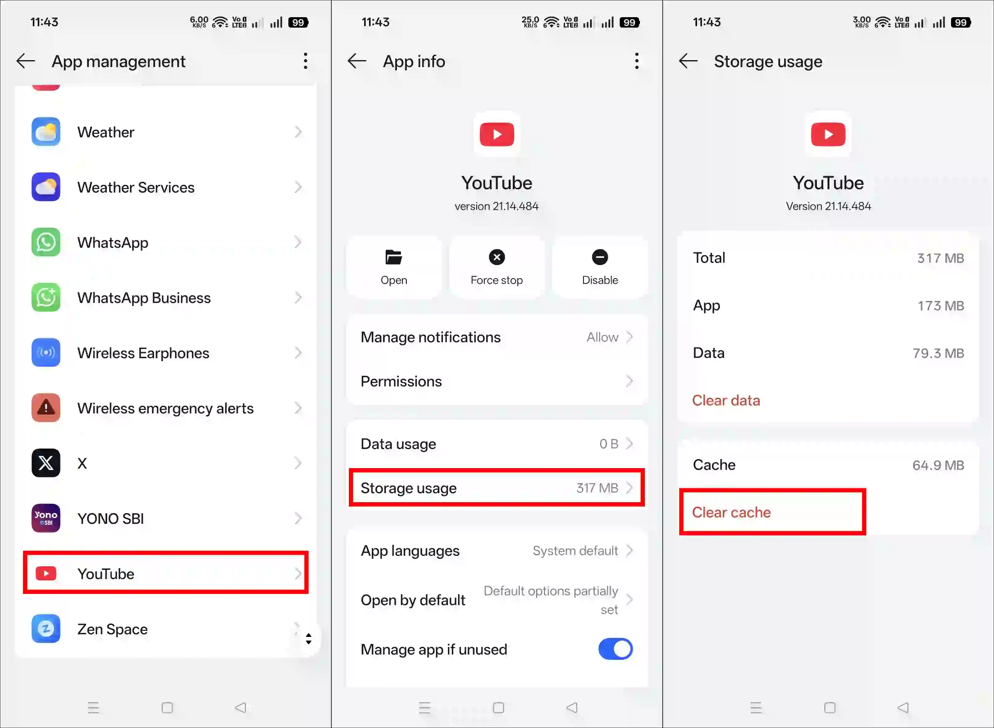 clear youtube app cache android