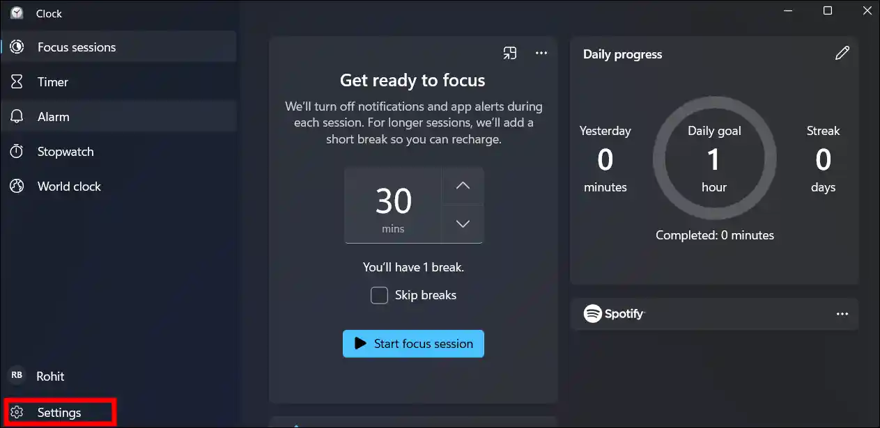 clock app settings windows 11