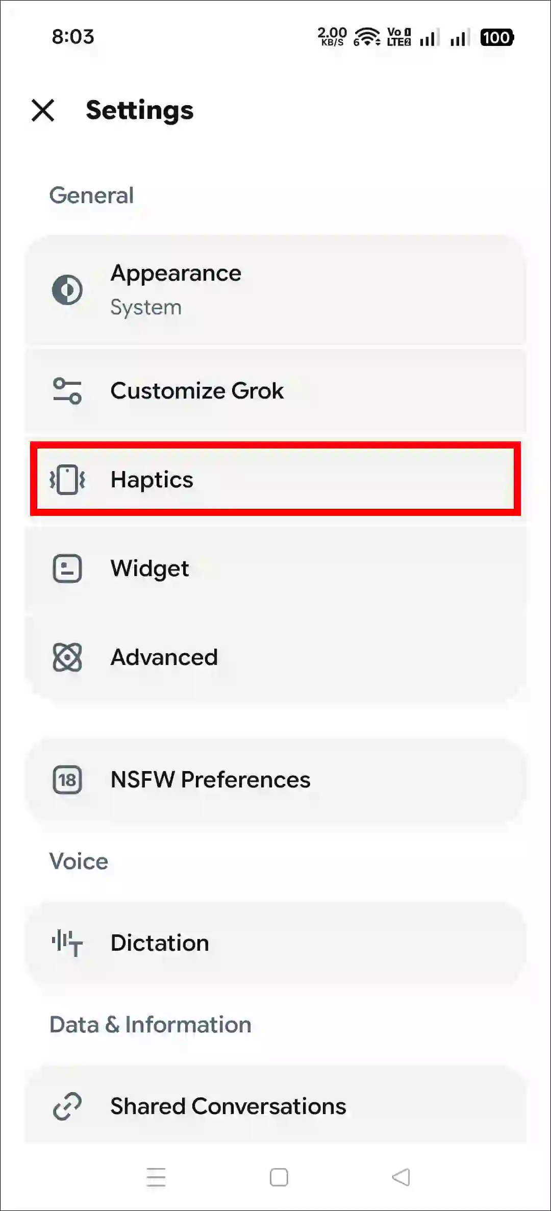 disable haptics grok app