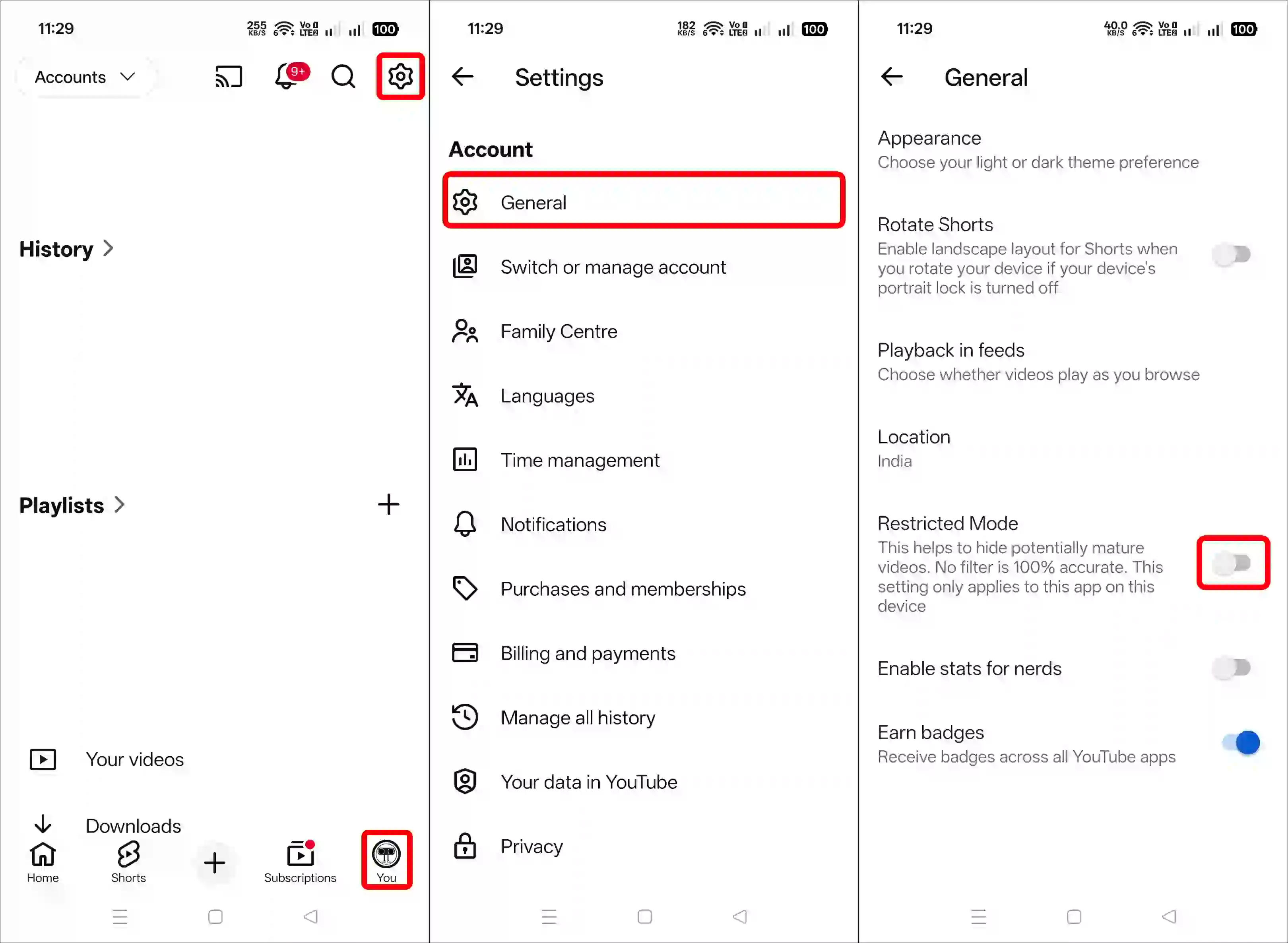 disable restricted mode in youtube