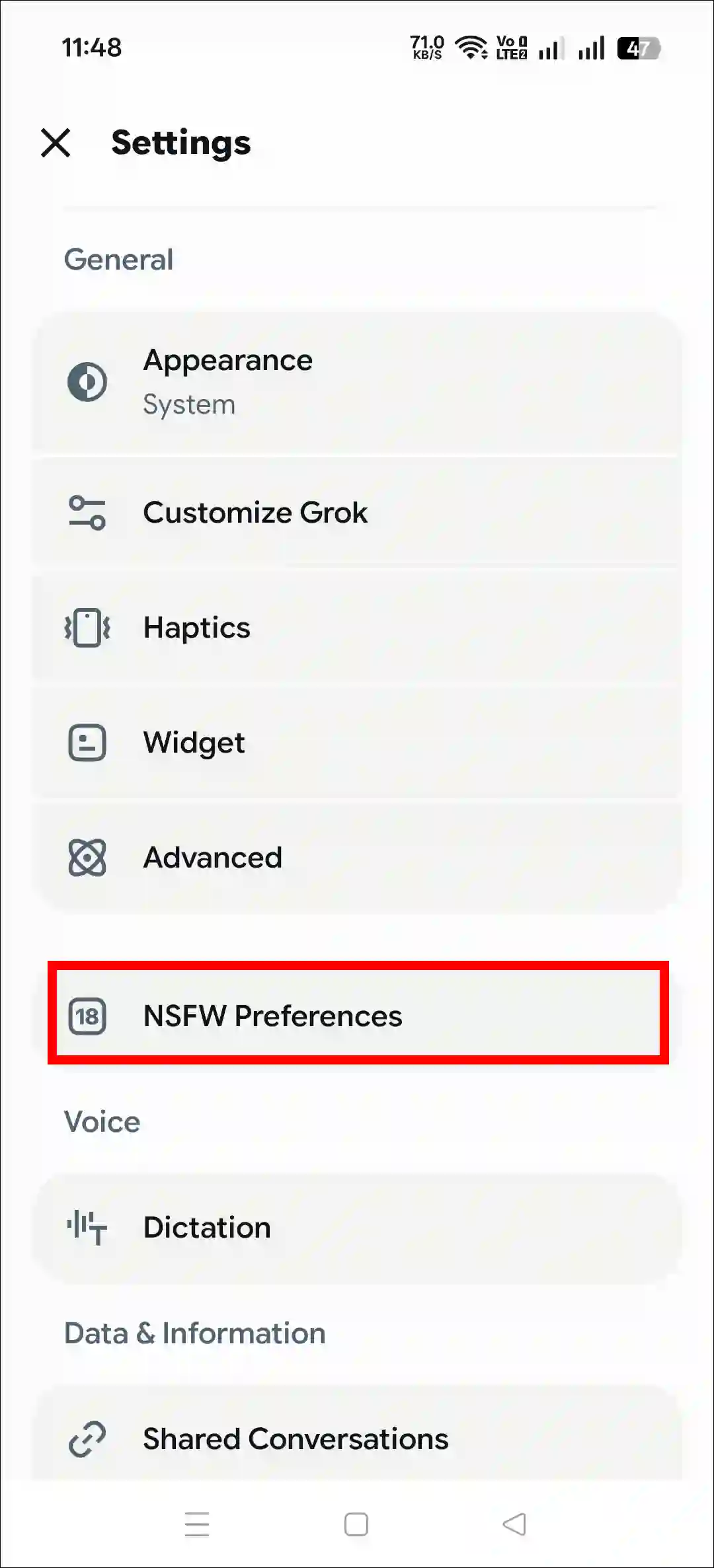 Turning On NSFW Preferences in Grok App