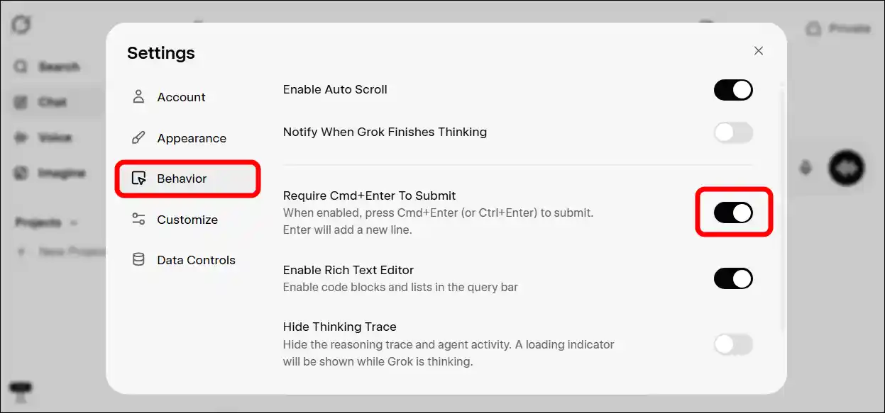 Grok Require Cmd+Enter To Submit